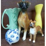 Two models of boxer dogs including one Jema, a Sylvac vase, an Art Deco jug and a piggy bank,