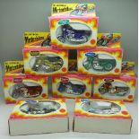 Eight Zylmex die-cast metal model motorbikes,