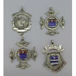 Four silver fob medals; two rugby, one football engraved Burton Schools Compt.