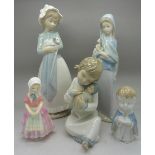 Five figures including Nao, Lladro and a Royal Doulton Tootles,