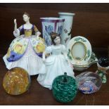 Two Royal Doulton figures, Amanda and Christine, a Beswick stonechat, two items of Mason's,