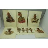 Seven 19th Century hand coloured lithographs, Native American Indians, comprising a Sac Warrior,