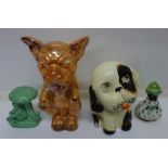 A Crown Devon dog, a lustre dog, a/f, a Sylvac pixie and a novelty cruet,