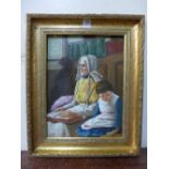 A portrait of an old woman and child in church, oil on board, unsigned,