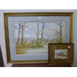 T Cain, woodland watercolour, framed and a smaller watercolour of cattle,