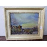 An oil on panel landscape with horse and cart on a track,