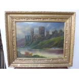 Oil on board of a castle by a lake, indistinctly signed,