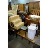 Drop-leaf table, chair, stool, two tables, Lloyd loom linen box, steps,