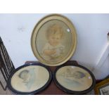 Two Bessie Gutmann oval framed prints and a Maud Tousey Fangel pastel,