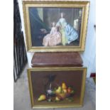 Still life, a framed oil on board signed Damazia and a modern oil on canvas of two ladies,