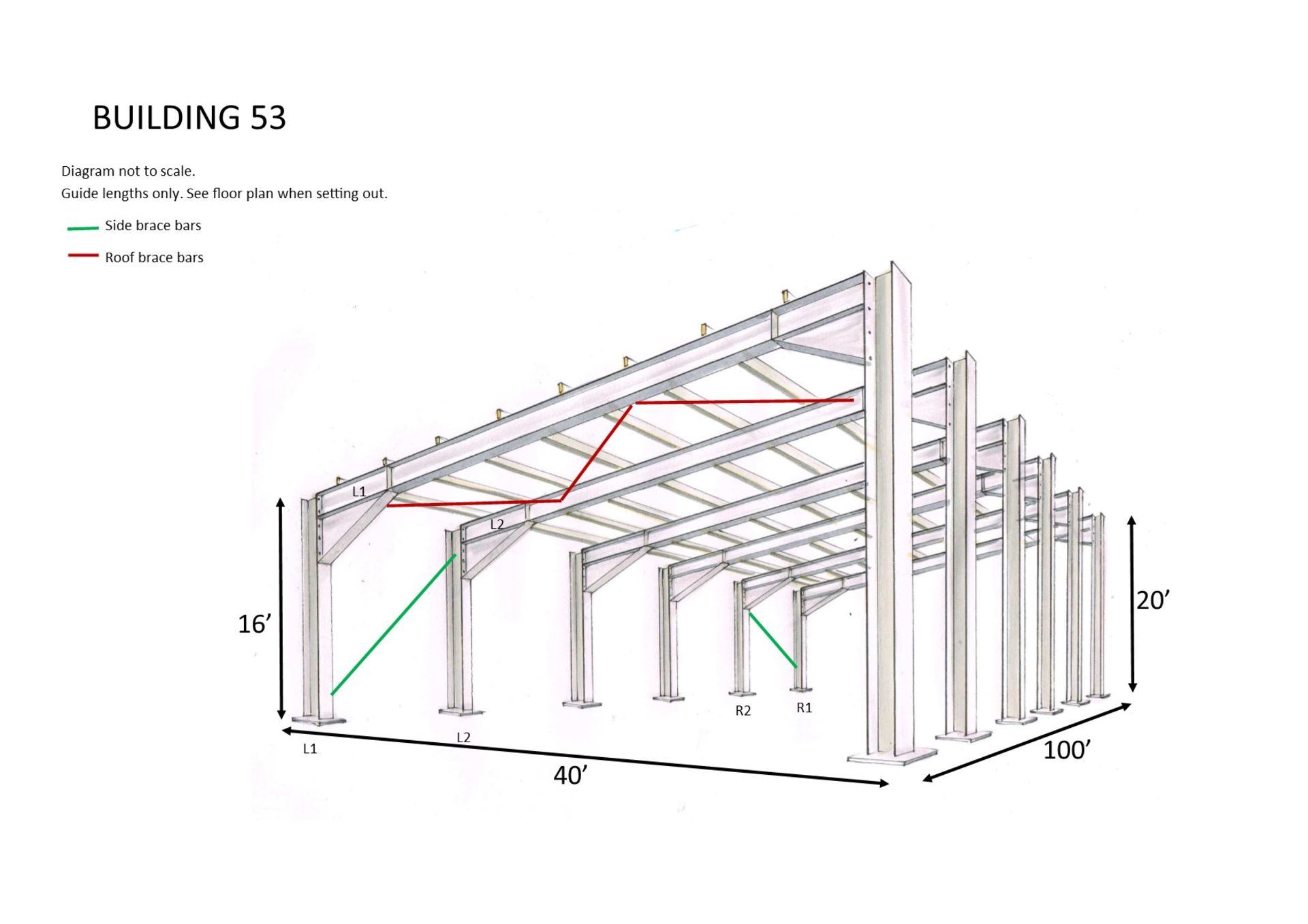 Steel framed building mono slope 100ft long x 40ft wide x 20ft @ front x 16ft @back 6 deg roof pitch
