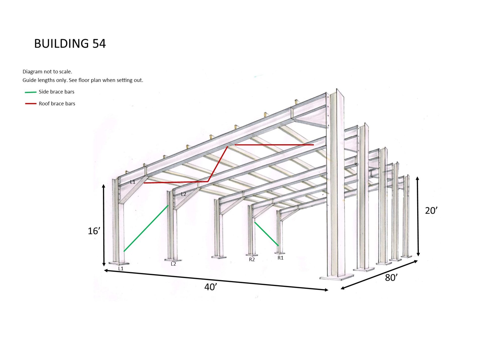 Steel framed building mono slope 80ft long x40ft wide x 20ft @ front x 16ft @back 6 deg roof pitch