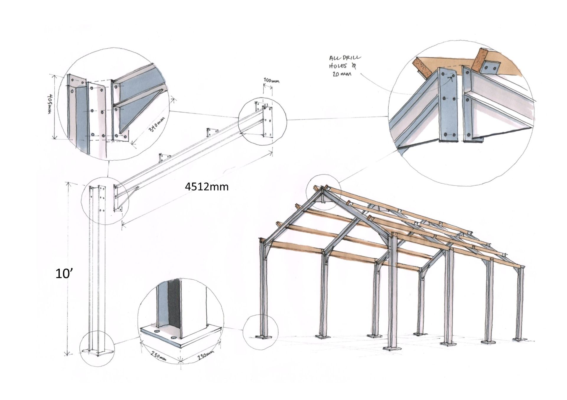 Steel framed building 30ft long x 30 ft wide x 10 ft @ eaves 12 .5 deg roof pitch purlins - Image 7 of 8