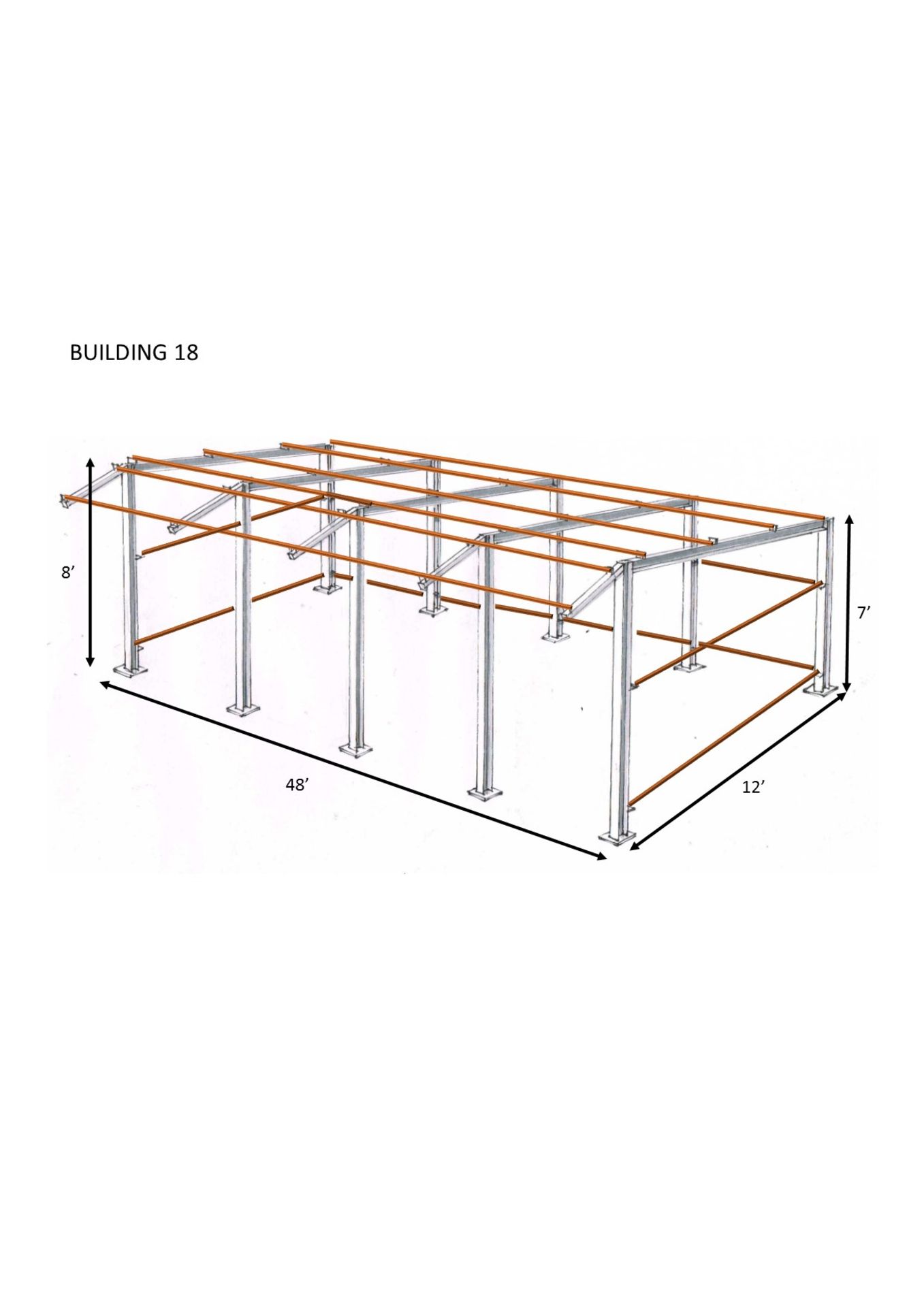 Steel framed stable/mono slope 48ftlong x 12ft wide x 8ft @front x7ft @ back x 3 ft canopy (i1248)