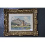 An original watercolour of a mountain landscape with a church in the foreground, watercolour on