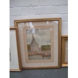 An original watercolour of a harbour scene with moored up sailing boats and a clock tower,