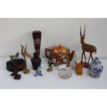 A quantity of ceramics to include a large wooden display case with a collection of thimbles and