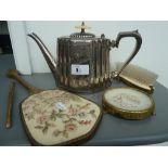 A silver plate Regency style teapot with a Regent of London vanity set with embroidered panels.