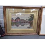 An original watercolour Fordingbridge with a stone bridge and a lady hanging laundry, watercolour