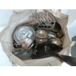 A bag of silver plated items, including, two mugs, a William Hutton & Sons toast rack,