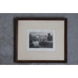 An engraving of an English Country House in a landscape with a fisherman and sheep in the