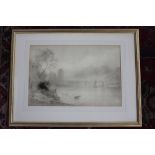 An original charcoal and pencil study of a river scene with sailing boats and a bridge in the