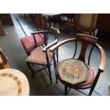 Two 19th century mahogany corner chairs, inlayed with ivory and satinwood, with X stretcher,