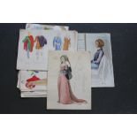 A collection of drawings and paintings to include designs of period costume and watercolour