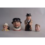 A quantity of Toby Jugs to include Royal Doulton 'Winston Churchill' 23cmH, Beefeater 17cmH,