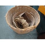 Two wicker baskets, two wicker bowls, some vintage rope,