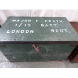 A WWI pine officers kit box, painted, with metal strapping, stamped to top, Major F.