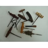 A selection of various 19th and 20th century corkscrews including a bone handle