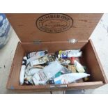 A selection of Rowney oil paints (used) in a Number One Finest Havana Blend wooden cigar box