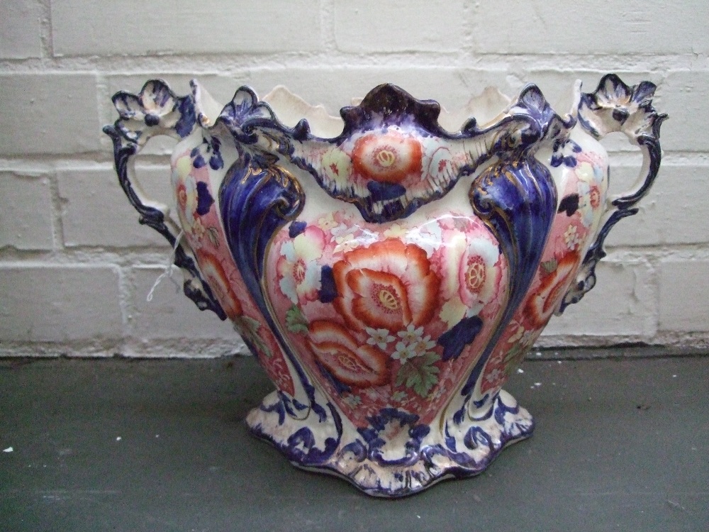 A large Edwardian Jardiniere decorated with hand painted poppies and flowers over red transfer, - Image 2 of 2