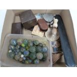 A mixed lot of items including marbles, and ivory shaving brush, playing cards,