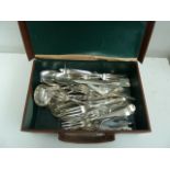 A case of various silver plated flatware, including Old Sheffield Plate, forks, ladles,