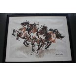 A large oriental style watercolour of galloping horses, watercolour on rice paper, framed,