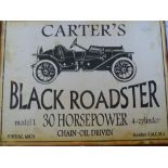 A reproduction Carter's Black Roadster car sign, 39.5cmW x 30.