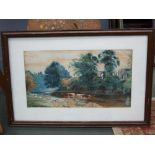 An original water and body colour on paper of cows and sheep in a landscape, unsigned, framed,