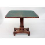 An early Victorian rosewood card table, rectangular top over a reel moulded frieze,