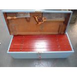 A large fully fitted pine tool box, removable lid with two saws within,