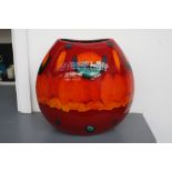 A hand painted 'Volcano' purse Poole Pottery vase, red, orange, green and blue glaze,