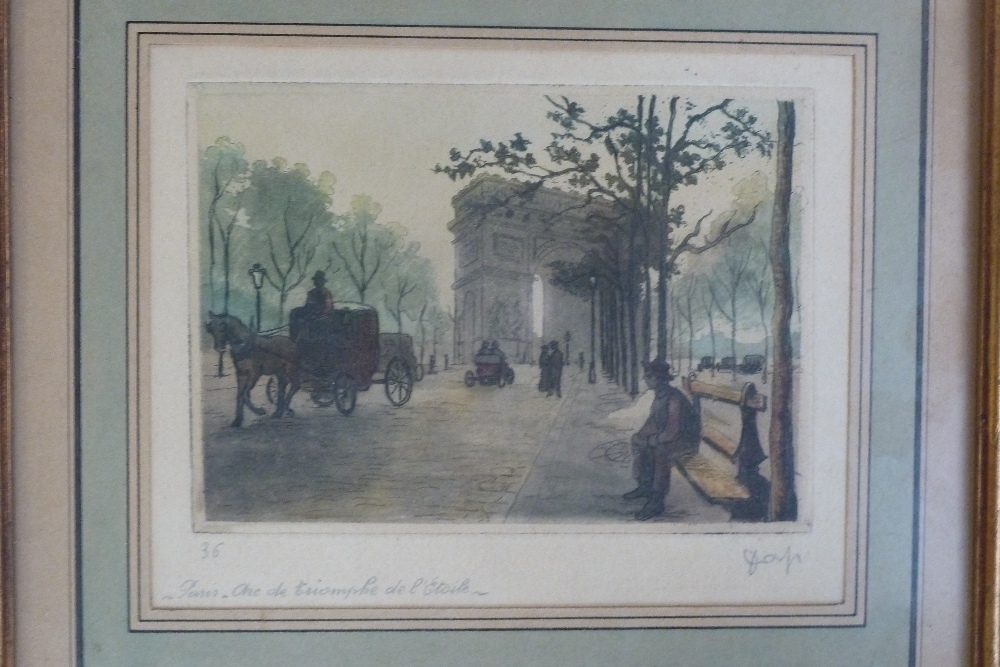 A quantity of pictures to include two hand coloured etchings of Paris street scenes signed and