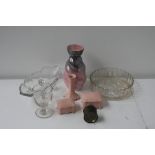 A quantity of china and glassware to include a Maling Pottery pink and silver moulded vase,