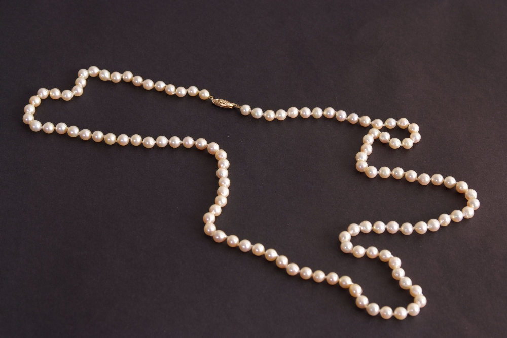 A 20th century single strand cultured pearl bead necklace, with a 14ct gold clasp,
