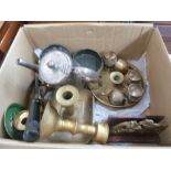 A box of silver plated items and brass items, including candle sticks, chamber sticks,