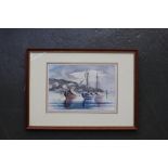 European School, Moored up yachts, watercolour on paper, indistinctly signed lower left, framed,