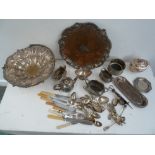 A mixed lot of silver plate, including a Victorian fruit bowl with swing handle,