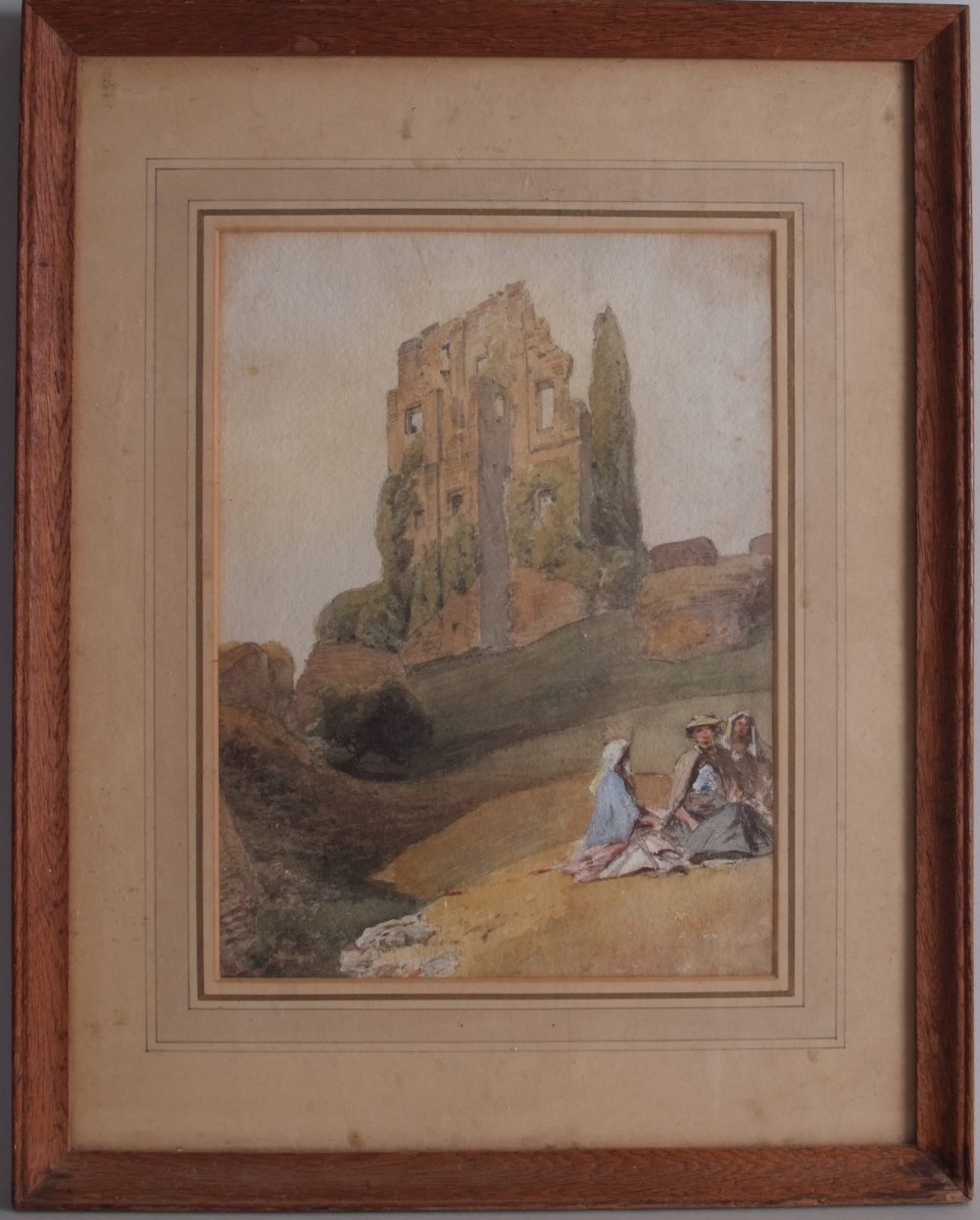 English School, 19th Century, Ladies picnicking at Corfe Castle, watercolour on paper, framed, - Image 3 of 5