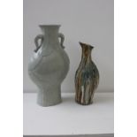 A large Art Pottery crackleware amphora vase with two looped handles with another blue green and